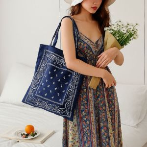 SEJUE4373 Retro Cashew Flower Canvas Bag Printed Large Capacity Ethnic Style Shoulder Bag Casual Lightweight Womens Handbag Beach