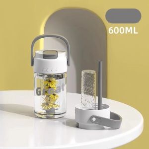 Botol Minum Tumbler Sekolah Liburan Transparan Anti Tumpah Modern Tutup Flip Sedotan Stylish 600ml