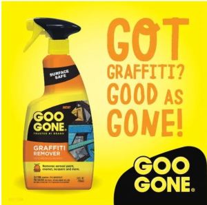 Goo Gone Graffiti Remover Spray Bottle 24 oz. removes latex acrylic and aerosol paint enamel and lacquers.