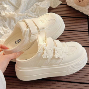 [Free Shipping] Thick-Soled Velcro White Shoes Slip-On Soft Leather WomenS Shoes Breathable Lazy Campus Style Closed-Toe Slippers