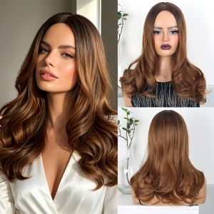 RUMI Curly Long Wavy Synthetic Wig Heat Resistant Fully Matte Fiber Hair Topper Wig Invisible Looking Natural Middle Part Ombre Hairpiece for Women