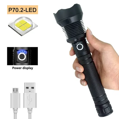 Waterproof Rechargeable LED Flashlight P70 High Power XHP70 Outdoor Camping Underwater Torch Lamp 4 Core Super Bright light 100000 Lumens Zoomable Flashlight