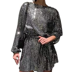 Womens Puff Long Sleeve Glitter Sequin Dress with Belt Evening Wedding Bridesmaid Sparkly Loose Fit Mini Short Dresses