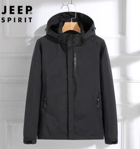 JEEP SPIRIT แจ็กเก็ตกันน้ำมีฮู้ดสำหรับผู้ชายและผู้หญิงเสื้อแจ็คเก็ตสีดำลำลองบางน้ำหนักเบากันน้ำสำหรับปีนเขากลางแจ้ง