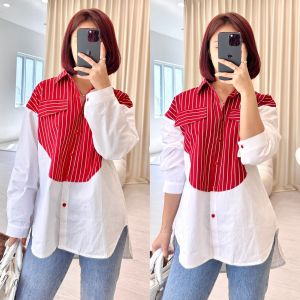 NANDO ATASAN KEMEJA WANITA SALUR MERAH POLOS PUTIH LENGAN PANJANG VIRAL KEKINIAN KEREN