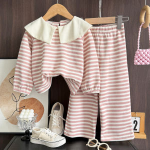 เสื้อผ้าเวอร์ชั่นสูทเกาหลีพิมพ์ลายทางสำหรับเด็กผู้หญิงเสื้อยืดคอปกเสื้อแขนยาว + กางเกงลำลองชุด2ชิ้นเสื้อผ้ากีฬาคอปกฤดูใบไม้ผลิฤดูใบไม้ร่วง