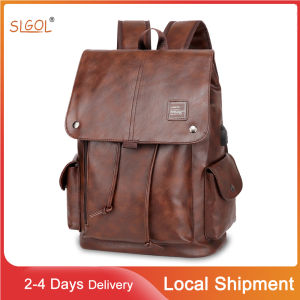 SLGOL แฟชั่นวินเทจผู้ชายกระเป๋าเป้สะพายหลัง PU หนังกระเป๋าเดินทางแล็ปท็อปกระเป๋าเป้สะพายหลังวิทยาลัยเดินทาง 15 นิ้วคอมพิวเตอร์ Macbook