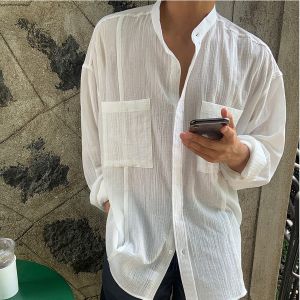 Beach Long Sleeve Linen Shirt Mens Solid Color Loose South Korea Popular Leisure Linen Shirt Travel & Outdoor Wear