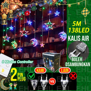 NEW Upgrade hari raya lights 5M 3Color Curtain Lights Star Moon Lights With Connector 11Modes Fairy Light 168LED Curtain String Lights Decoration for In/Outdoor Party Curtain Wedding Eid Muslim hari raya decoration