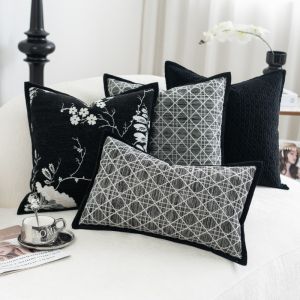 1Pcs Elegant Black and White Floral Jacquard Geometric Lattice Cushion Cover Textured Woven Decorative Throw Pillow Case with Contrast Edge for Couch Sofa