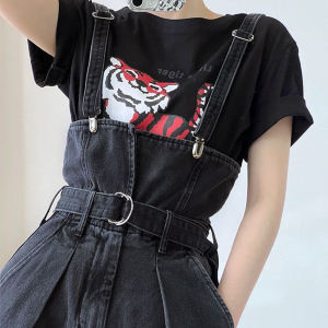 Jumpsuit Jeans Wanita Berlengan Lebar Warna Hitam Dengan Pinggang Tinggi
