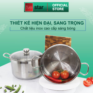 Bộ nồi xửng hấp FiveStar Standard inox 430 3 đáy nắp kính tặng 1 vá canh ( 24cm / 26cm / 28cm / 30cm / 32cm ) dùng được bếp từ hồng ngoại gas