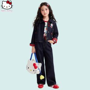 Christmas gifts Halloween Cartoon Hello Kitty Autumn New Girls Denim Jacket Sanrio Childrens Fashion Kawaii Anime Casual Pants Sweet Long Sleeve T Shirt