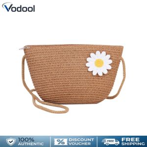 Women Fashion Straw Weave Flower Zipper Practical Messenger Crossbody Bag Ladies Casual Beach Vacation Purse Outdoor