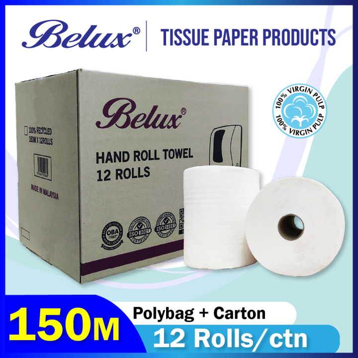 Belux Paper Hand Roll Towel | 150m X 12 Rolls | 100% White Pulp | 1 Ply ...