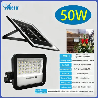 Anern 50W Solar Flood Lights with Bigger Solar Panel LED Outdoor Flood Light Bigger Light Beads Waterproof IP65 Outdoor Solar Lights Christmas Lights