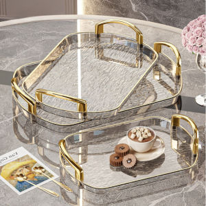 Acrylic Light Luxury Gold Edged Tray Fruit Snack Tea Cup Storage Tray with Handle Home Serving Tray
