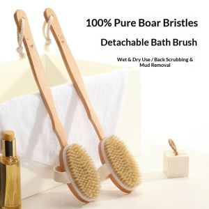 YADOU Wooden Handle Bath Brush Bath Pig Bristle Brush Long Handle Wooden Back Rubbing Bath Towel Removable Soft Fur Massage Bath Brush