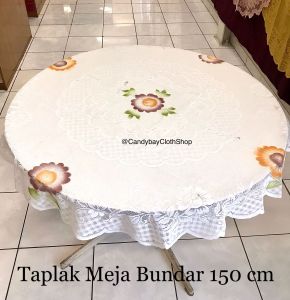 Taplak Meja Makan 4 Kursi Bundar 150 cm Print Bahan Polyester Corak Bunga Mahkota