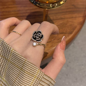 Black Rose Shaped Metal Opening Rings for Women Girls Fashion Luxury Zircon Adjustable Index Finger Rings Jewelry Party