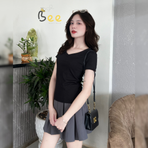 Áo thun tăm nữ BEE cổ tim dáng ôm tay ngắn màu trắng và đen công sở