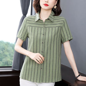 2022 Thin Cotton Shirt Womens Summer Short-sleeved Striped Top Fashion Korean Style Workwear Clothes Plus Size Blouse Women