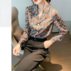 IELGY womens loose all-match floral retro suit bottoming shirt long-sleeved thin coat
