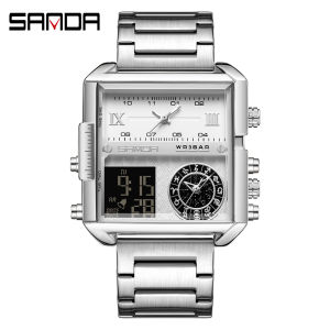 SANDA Men Sports Watch Top Luxury Brand Waterproof Wristwatch Men Quartz Dual Display Stainless Steel Luminous Watch