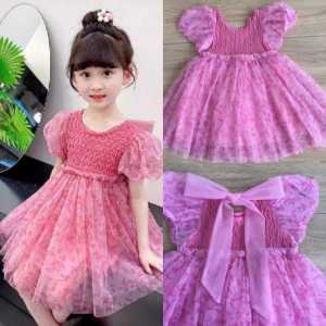 (1-8th) Dress pesta pink pita besar bunga anak import gaun anak impor hotpink merah muda