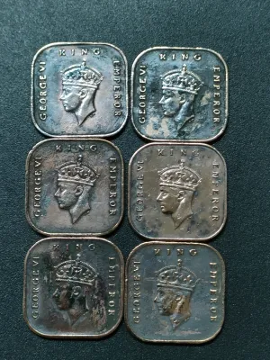 Vintage British Malaya KG VI 1 Cent 1943 & 1945 ( 6 Coins )