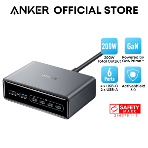 Anker Prime Charger 200W Fast Charging Station 6-Port GaN USB C Charger Desktop Multi Plug A2683
