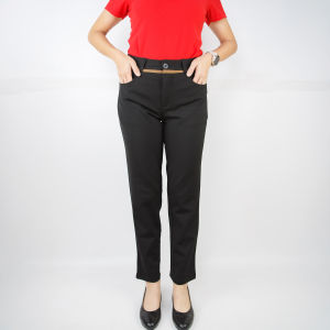 กางเกงทำงานผู้หญิงขายาว ผ้าโรเชฟ Patch Design ขอบเอวสีน้ำตาลเิพ่มความหรูหรา ครูสวยๆอบต.สวยๆชอบใส่