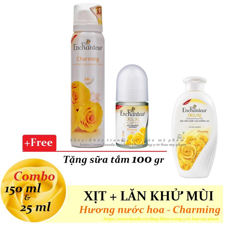 [HCM]Enchanteur - [Combo]  Xịt ngăn mùi toàn thân 150 ml + Lăn khử mùi 25 ml - Hương NH Charming ++ Tặng sữa tắm 100 gr