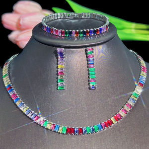 SEQUITO Trendy Yellow Gold Plating Choker Necklace Drop Earrings Chain Bracelet Sets Baguette Cut High Quality Colourful AAA CZ Zirconia Crystal Women Jewelry Set for Pageant SJ391
