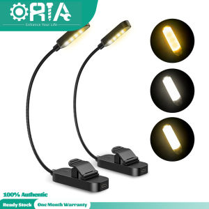ORIA คลิปหนีบไฟอ่านหนังสือชาร์จได้ไฟ LED 8ดวงสำหรับอ่านหนังสือบนเตียงปรับความสว่างได้3สีเหมาะสำหรับผู้อ่านและเด็ก (2แพ็ก)