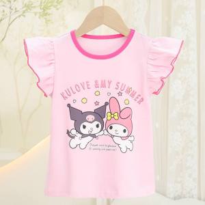 Little Baby Girl T-Shirt Kuromi Cinamoroll Melody Ruffle Sleeve Cartoon Cute Pretty Pink Blue Purple Round Neckline Comfy Outfit Summer Wear Shopping Wear Matching Nice Tops Kids Clothes