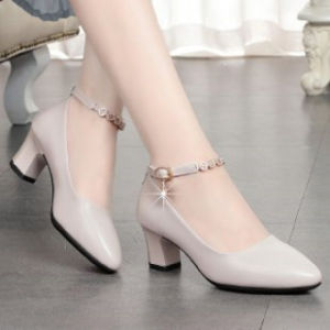 [Free Shipping] WomenS One-Strap High-Heeled Shoes Chunky Heel Comfortable Soft-Soled Mid-Heel Leather Shoes Work Shoes Black Flats WomenS Shoes