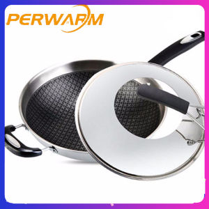 Perwarm 32cm 304 Stainless Steel Frying Pan with Lid Induction Cookware Set Paintcoat No Fumes Non-Stick Stainless Steel Wok