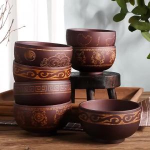 FCJustLiving 1pc 310ml Ethnic Style Sour Date Wood Bowl Carved Pattern Dinner Wooden Bowl Tableware Mongolian Wooden Milk Tea Bowl Wood Big Bowl