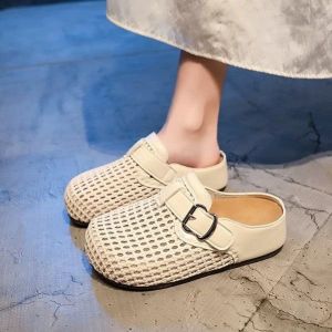 [Free Shipping] Hollowed-Out Woven Closed-Toe Mules For Women 2026 New Summer Model Suitable For Outdoor Wear With Internal Height Increase Slip-On Lazy Sandals