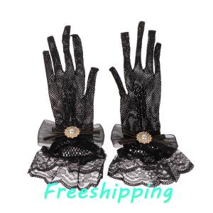 baoxue Girl Lolita Mesh Bow Flower Lace Gloves Black White Lace Gloves lolita Lace Sleeves Cosplay Jewelry