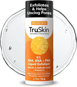TruSkin BHA Liquid Exfoliant & Toner for Face - Triple Acid AHA BHA PHA Exfoliator with Salicylic Glycolic Acid & Vitamin C - Improves Look of Tone & Texture Unclogs Pores 4.2 fl oz