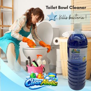 CleanAholic Toilet Cleaner 1 liter.500ml Blue plastic bottles with white caps. Label reads "TOILET CLEANER". Blue bow graphic. Text "Pabanguhin ang Toilet!" and "1 liter".