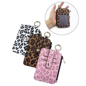 LANGJ ลายเสือดาว ที่ใส่บัตรเครดิต หนัง PU ผอม กระเป๋าคาดเอว ของตกแต่งพวงกุญแจ ช่องใส่การ์ดหลายใบ กระเป๋าสตางค์สั้นผู้หญิง แบบยูนิเซ็กซ์