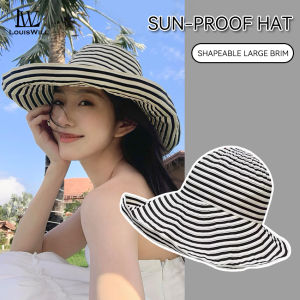 LouisWill Women Sun Cap Striped Design Beach Hat Foldable Sun-proof Hat Casual Sun Hats Portable Fisherman Cap Large Brim Cap Sun Protection Cap UV Protection Hats for Summer Outdoor Travel