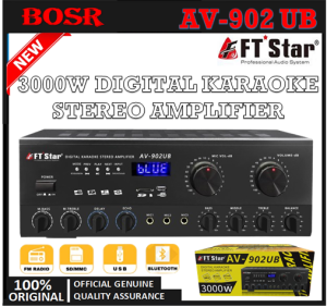 【BOSR】AV-902UB Digital Karaoke Stereo Amplifier Max Power 3000w 3 Mic Input BT/FM/USB/Slot
