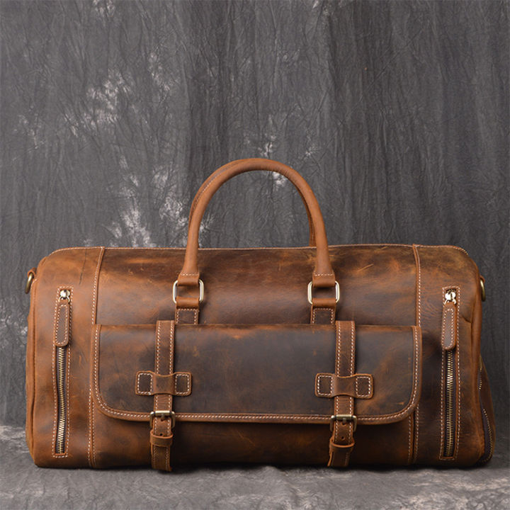 Crazy Horse Genuine Leather Men Travel Bag Vintage Travel Duffel
