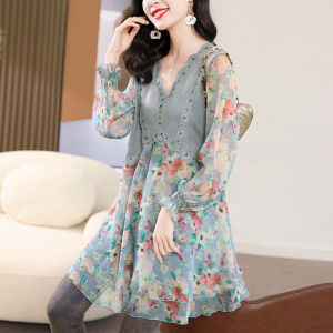 Chiffon Shirt Women Dress New Fashionable and Trendy Mid Length Floral Top European Oversized Belly Covering Shirt