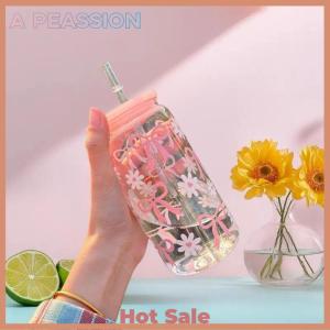 [A Peassion]💖[HOT SALE]🎈🎈 Bow Glass Cute Water Cup Cartoon Bow Glass Cup Striped Cute Doodle Coffee Mug Household Fruit Tea Lemonade Girls Gift