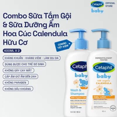 Combo Sữa tắm gội Cetaphil Baby W&S with Organic Calendula 400ml + Sữa dưỡng thể Cetaphil Baby with Organic Calendula 400ml